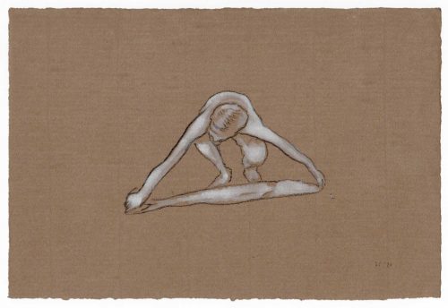 Man measuring a Fish - Charcoal and white ink on brown handmade paper