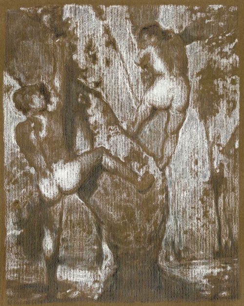 Acorn Tree (Two men climbing) - Charcoal and chalk on brown handmade paper