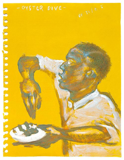 Oyster Dive - Oil paint and pencil on yellow found paper