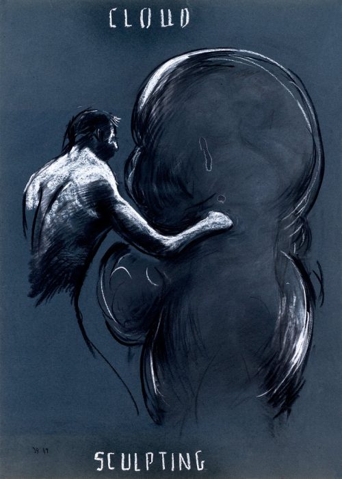Cloud Sculptor - Charcoal and chalk on blue cardboard