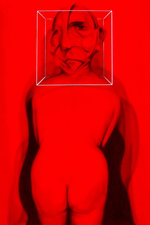 Untitled - graphite on red velour mounted on paper